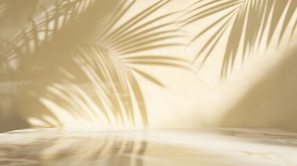 Tropical palm tree shadow on cream wall and luxury marble table for product placement Natural layout design background Abstract summer light cosmetic stand mockup : Generative AI
