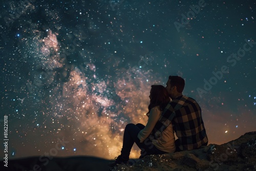 Couple sitting on a mountain under a starlit sky. Stargazing and observation concept. Adventure and discovery. Outdoor astronomy hobby. Design for poster  wallpaper.