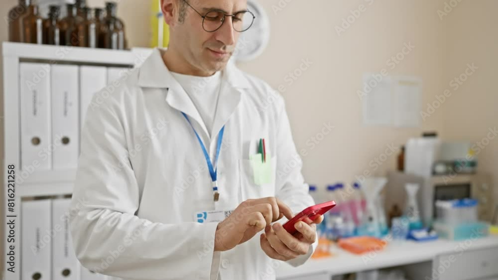 A focused hispanic man in a lab coat checks a mobile phone in a medical laboratory setting, portraying a healthcare professional at work. A focused hispanic man in a lab coat checks a mobile phone in a medical laboratory setting, portraying a healthcare professional at work.