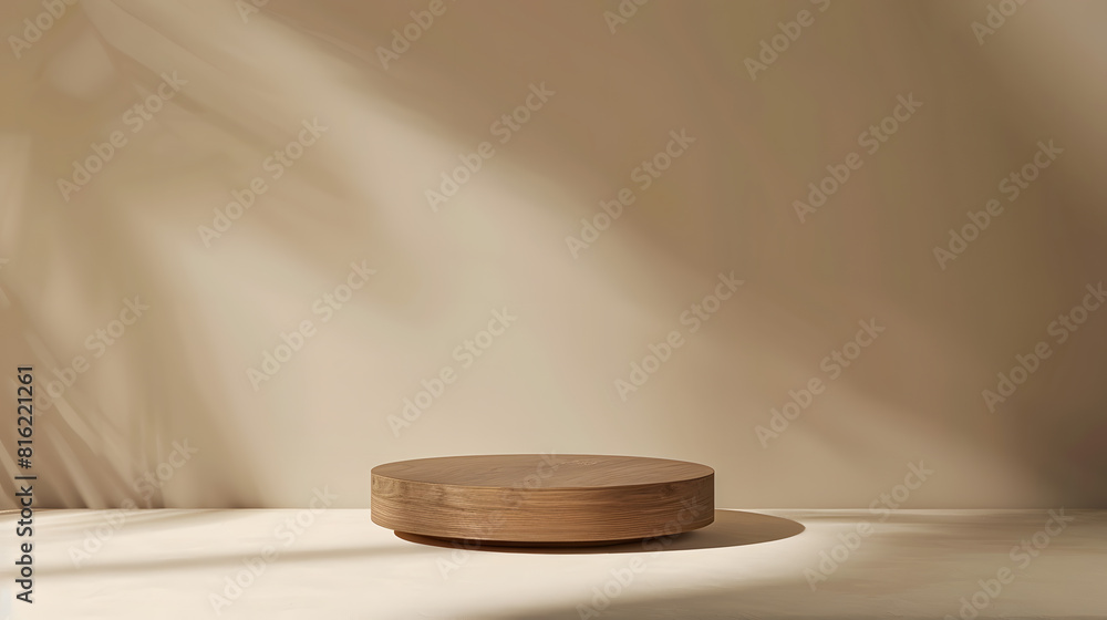 Round brown wooden stand on a beige background a place to display cosmetics and products : Generative AI Round brown wooden stand on a beige background a place to display cosmetics and products : Generative AI