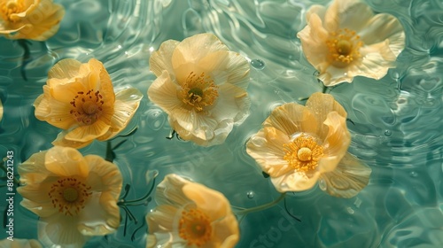 Pale Yellow Buttercups Floating on Shimmering Aqua Water with Glowing Light Effect