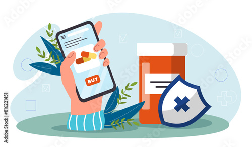 Hand holding a smartphone with pills on screen and a pill bottle, concept of online pharmacy. Flat cartoon vector illustration