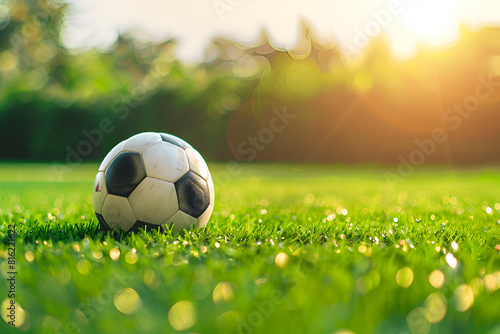 Soccer ball on blurred soccer field background with copy space.