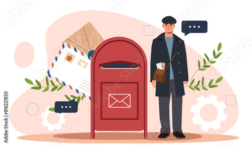 Postman standing next to a red mailbox with letters, flat vector illustration on a light background, concept of communication