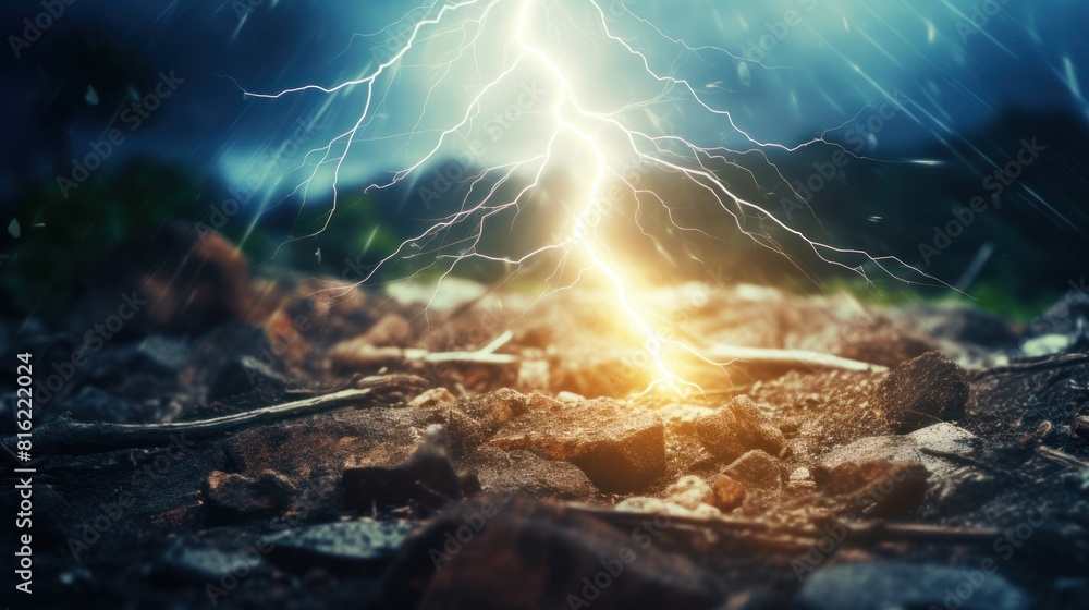 Fototapeta premium Extremely close-up view of a bright lightning strike in a thunderstorm onto ground at night.