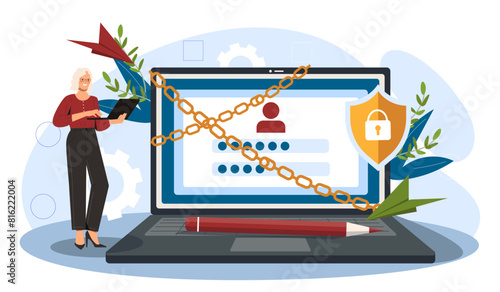 Woman holding a tablet stands next to a laptop secured with chains and a shield, symbolizing cybersecurity on a white background. Flat cartoon vector illustration