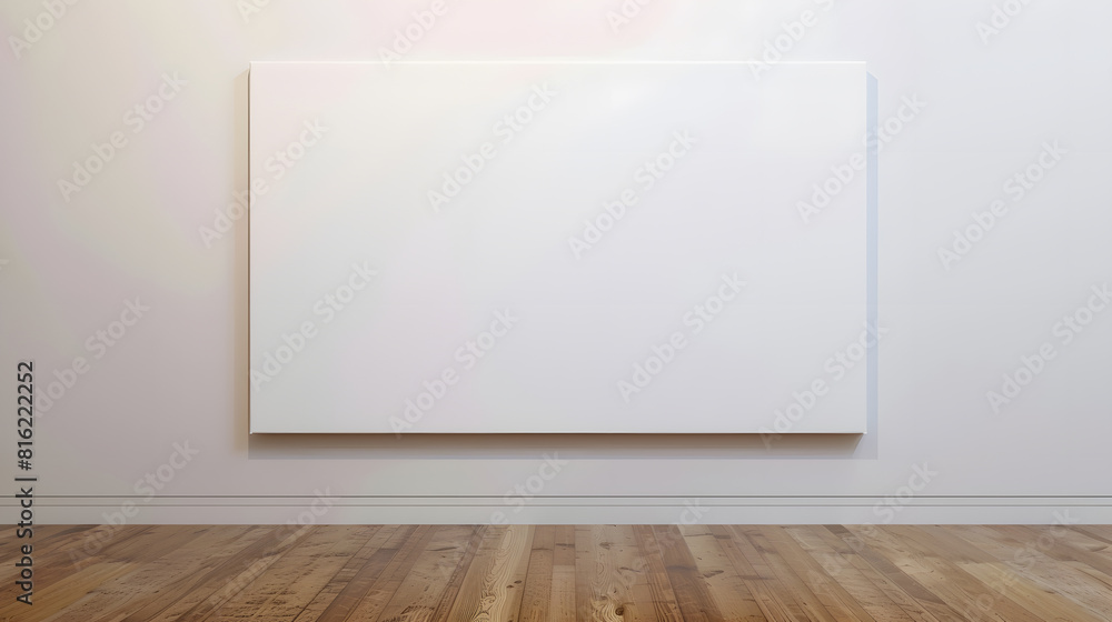A blank canvas on a white wall with wooden floor : Generative AI A blank canvas on a white wall with wooden floor : Generative AI