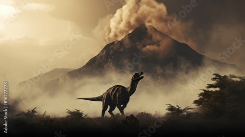 Dinosaur stands in foggy land with smoking volcano in prehistoric environment. Photorealistic.