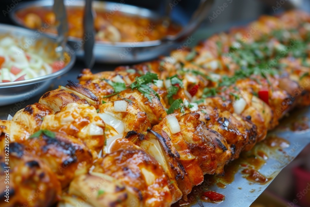 Juicy grilled chicken on skewers topped with herbs and spices, street food style Juicy grilled chicken on skewers topped with herbs and spices, street food style