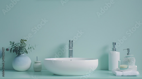Bathroom sink table with empty stand and morning hygiene accessories : Generative AI