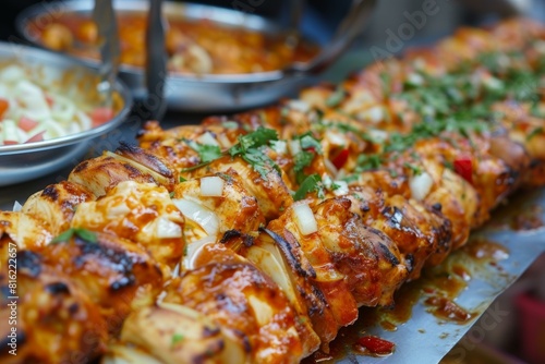 Juicy grilled chicken on skewers topped with herbs and spices  street food style