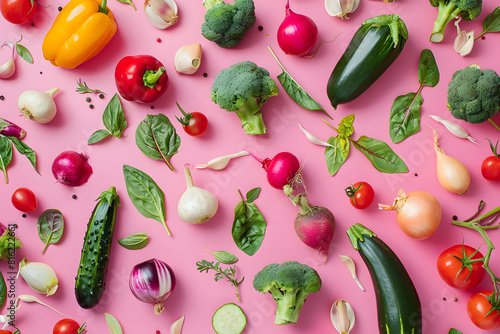 Fresh vegetables and herbs on pink background