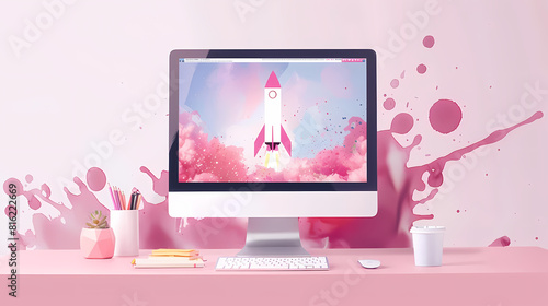 Vector Art  Computer on Desk with Website Rocket Launch - Pink Splash on Pink Background