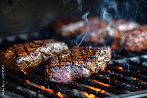 Sizzling steaks on a flaming grill