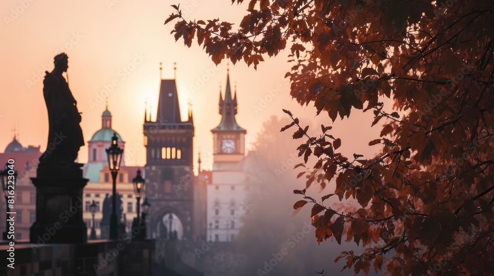 Fototapeta premium Autumn foliage with beautiful historical buildings of Prague city in Czech Republic in Europe.