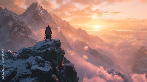 Misty mountain with a medieval warrior on top. Fantasy and adventure concept.
