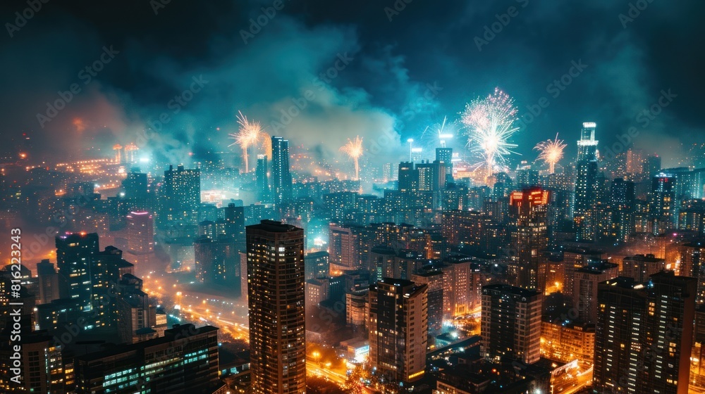 Fototapeta premium Beautiful fireworks show over city to celebrate Chinese lunar new year.