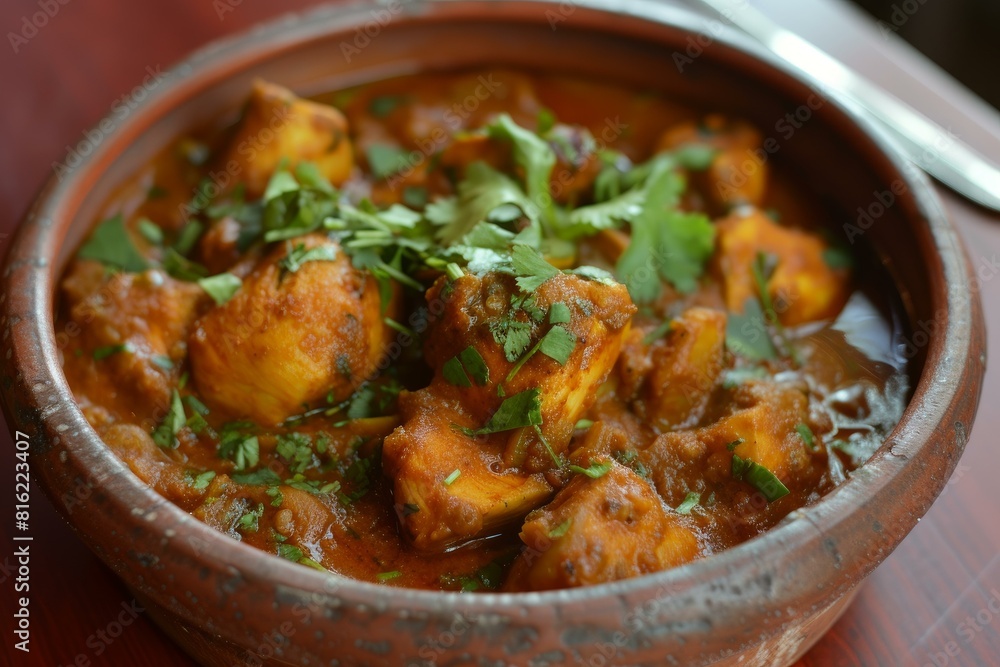 Closeup of traditional indian chicken curry garnished with cilantro, served in a rustic clay bowl Closeup of traditional indian chicken curry garnished with cilantro, served in a rustic clay bowl