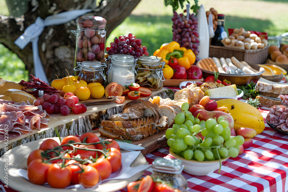 Sumptuous picnic table with fresh fruits, cheeses, and cold cuts under a tree