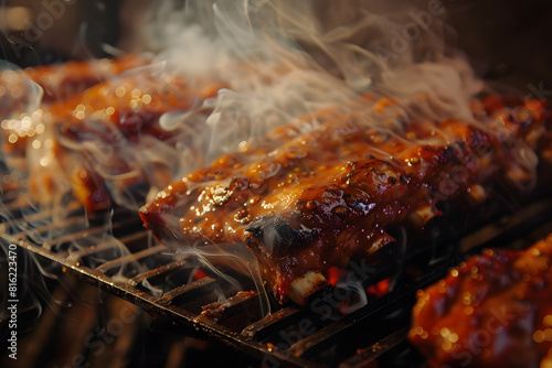 Sizzling barbecue ribs on grill with smoke photo