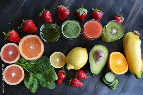 Fresh fruit and juice assortment on wooden surface