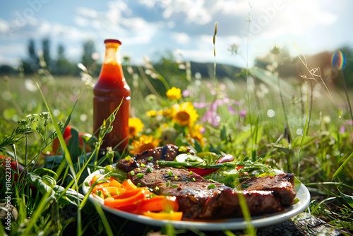 Summer BBQ Picnic in Nature. A bottle of homemade chili sauce sits prominently in the sun-drenched meadow, accompanied by a plate of grilled meats and vibrant vegetables, ready for a summer feast.