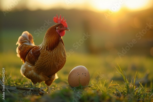 Proud rooster stands beside a fresh egg as the sun sets, casting a warm glow over the farm photo