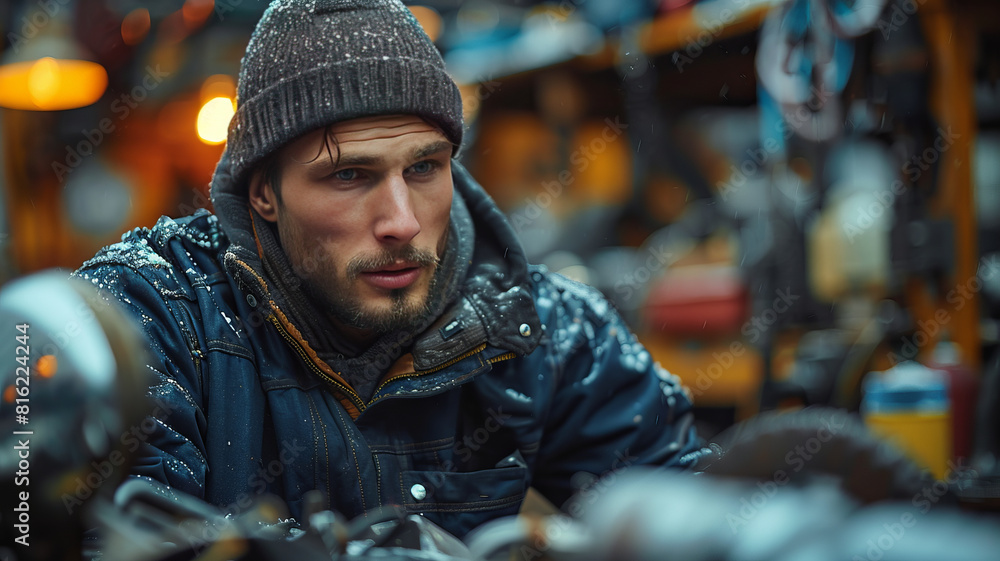 Fototapeta premium a mechanic in a dark blue jumpsuit changing a cars breaks,generative ai