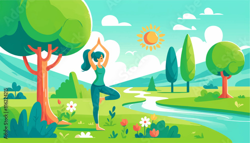 landscape with woman doing yoga 