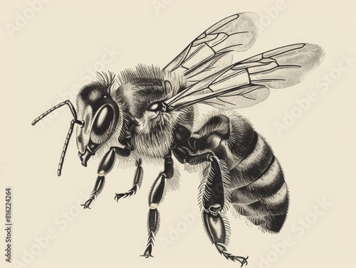 A black and white drawing of a bee