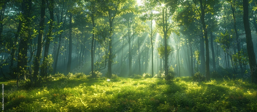 Obraz premium Sunlight filtering through green forest