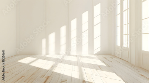 White wallpaper in an empty room with wooden floor : Generative AI