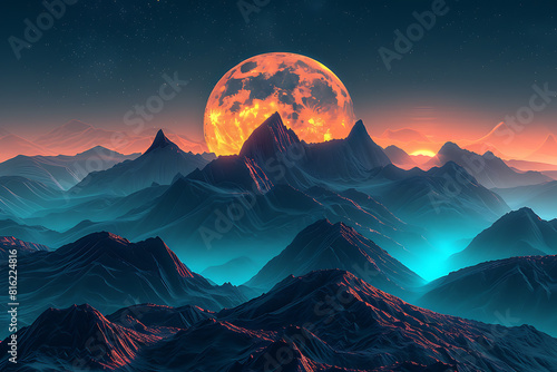 Scenic mountains silhouetted against the moon, fragmented for a mystical and captivating effec photo
