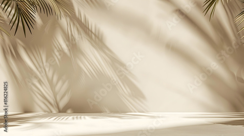 Abstract beige studio background for product presentation Empty room with shadows of window and flowers and palm leaves  3d room with copy space Summer concert Blurred backdrop : Generative AI © Generative AI