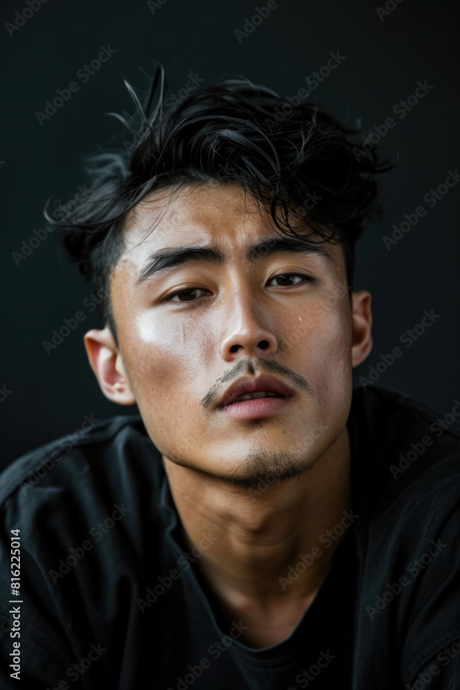 A man with a beard and dark hair is sitting in a black shirt A man with a beard and dark hair is sitting in a black shirt