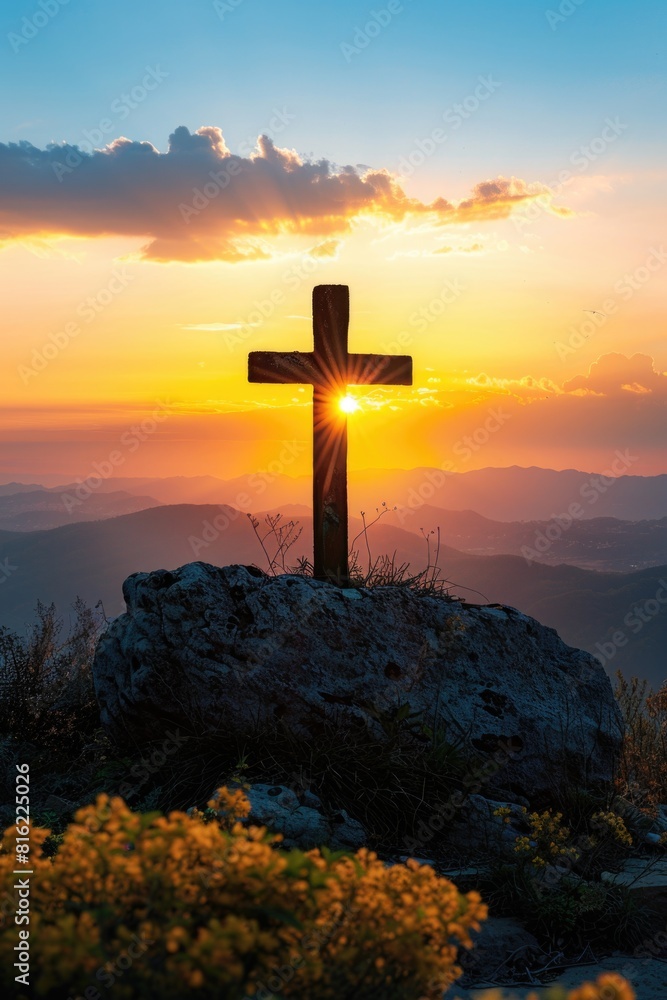 A large wooden cross is lit up by the sun A large wooden cross is lit up by the sun