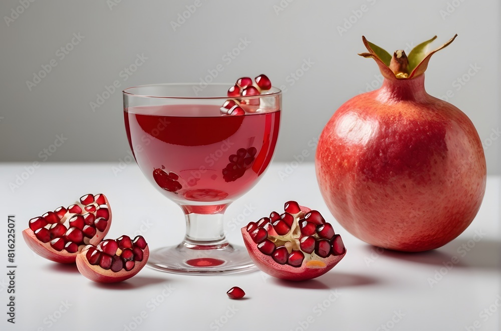 A glass of pomegranate juice on a minimal white background with Pomegranate fruit and red arils. A glass of pomegranate juice on a minimal white background with Pomegranate fruit and red arils.
