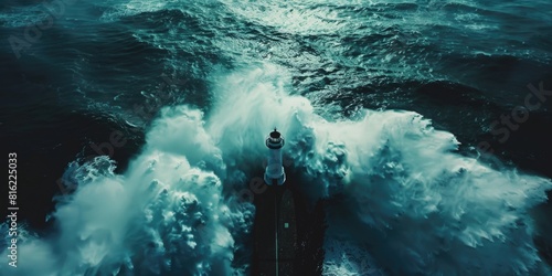 A lighthouse is in the middle of a huge wave photo