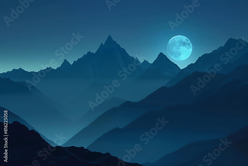 Scenic mountains silhouetted against the moon, fragmented for a mystical and captivating effec