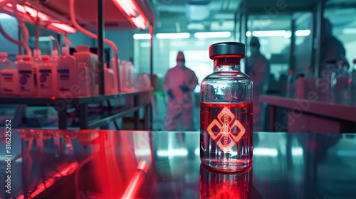 A futuristic science laboratory environment showcasing a glowing biohazard specimen in a clear vial, with scientists in protective gear in the background. photo