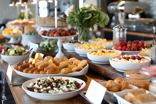 Enticing display of a breakfast buffet with a variety of fresh foods