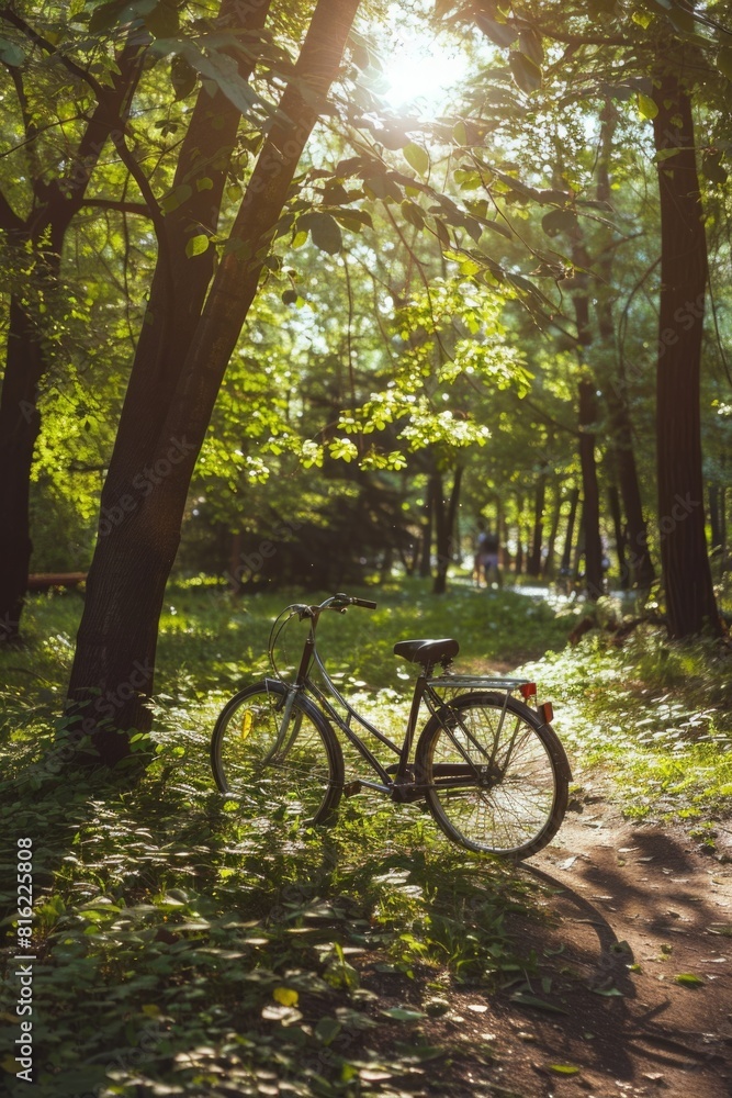 Fototapeta premium A bicycle is parked in a forest