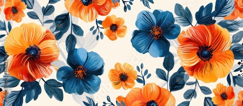 A vibrant floral pattern featuring orange and blue flowers on a white background.