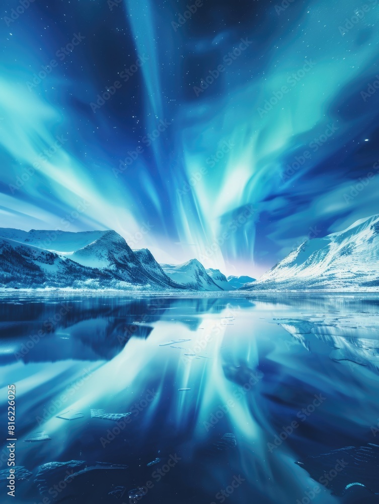 Naklejka premium The image is of a beautiful blue sky with a reflection of mountains in the water