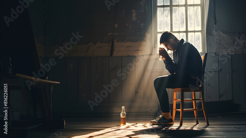 A man sits in a dark room on a chair in front of a window from which light streams The man looks into the light holds a glass of alcohol in his hand there is an almost empty bottle on  : Generative AI photo