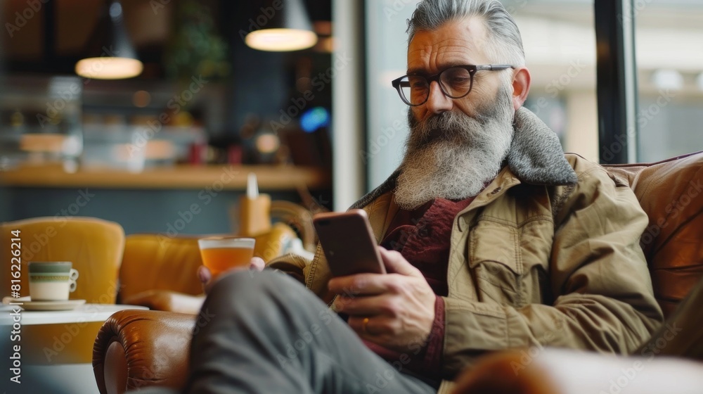 Mature man with beard watching movie on smart phone in cafe Mature man with beard watching movie on smart phone in cafe