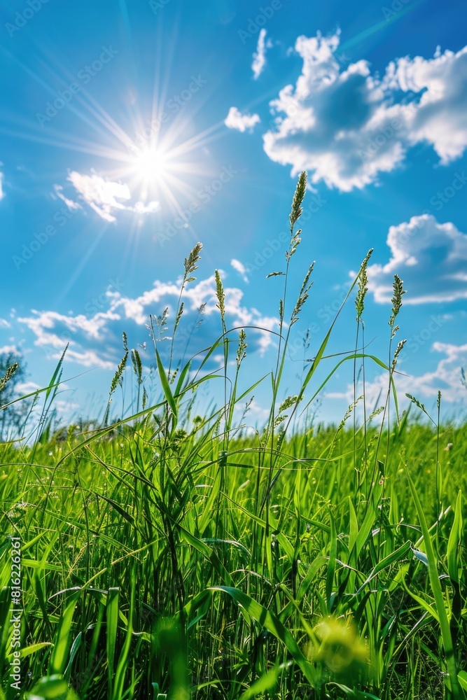 Obraz premium A field of grass with a bright sun shining down on it