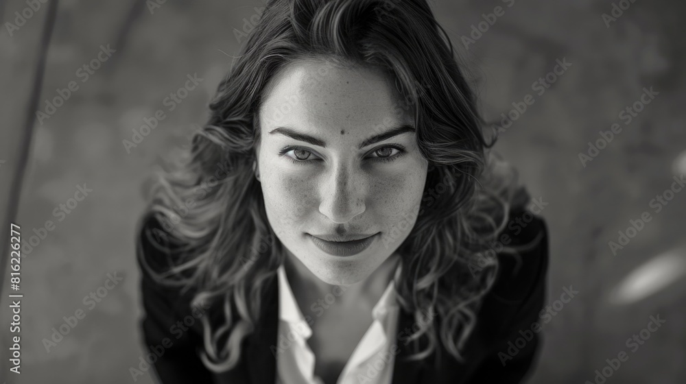 A woman with long hair and a black jacket and white shirt A woman with long hair and a black jacket and white shirt