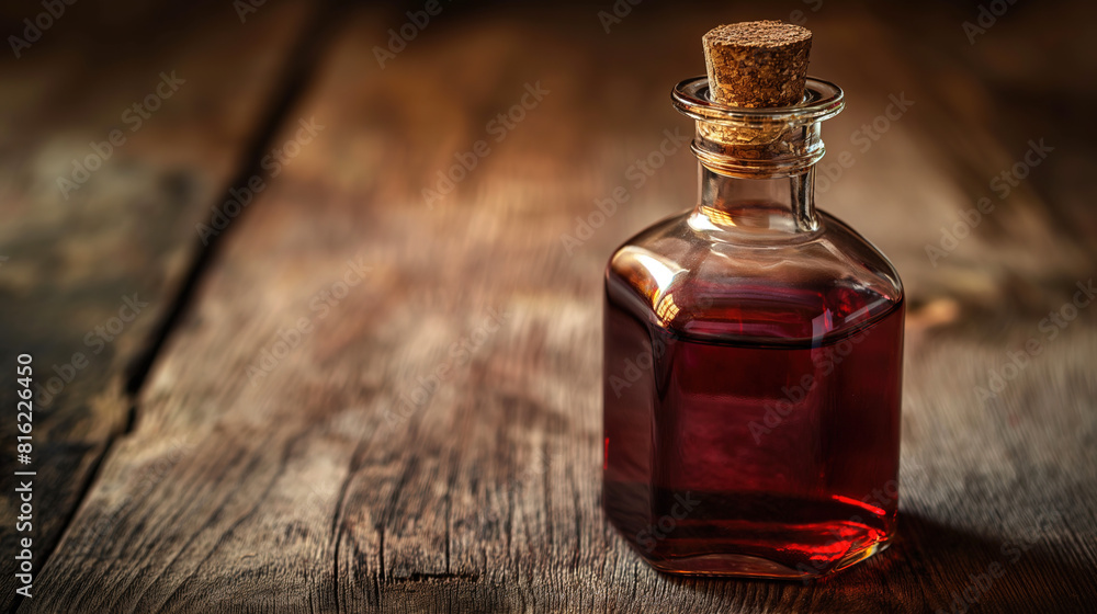 Red medicine oil in glass bottle on wooden table. Victorian era or rich burgundy colored essence oil, symbolizing luxury and elegance in beauty care Red medicine oil in glass bottle on wooden table. Victorian era or rich burgundy colored essence oil, symbolizing luxury and elegance in beauty care