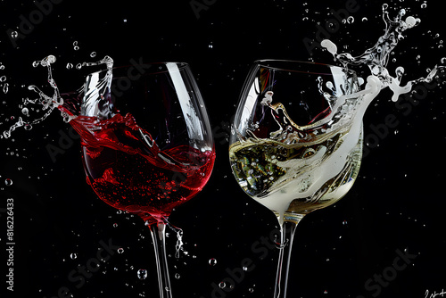 High-speed capture of red and white wine splashing from clinking glasses against a dark background